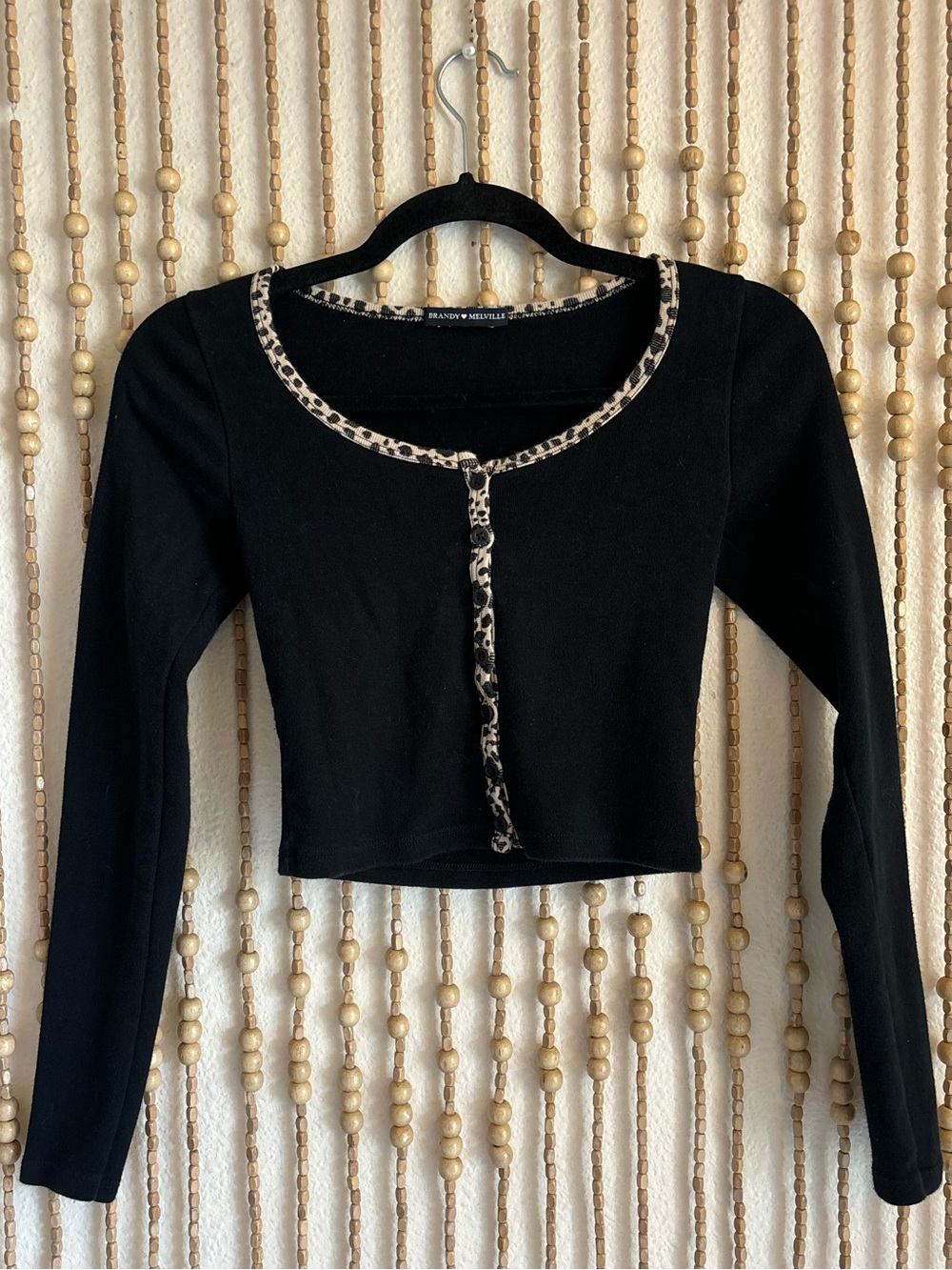 Brandy Melville Black Cropped Long-Sleeve Top with Leopard Trim